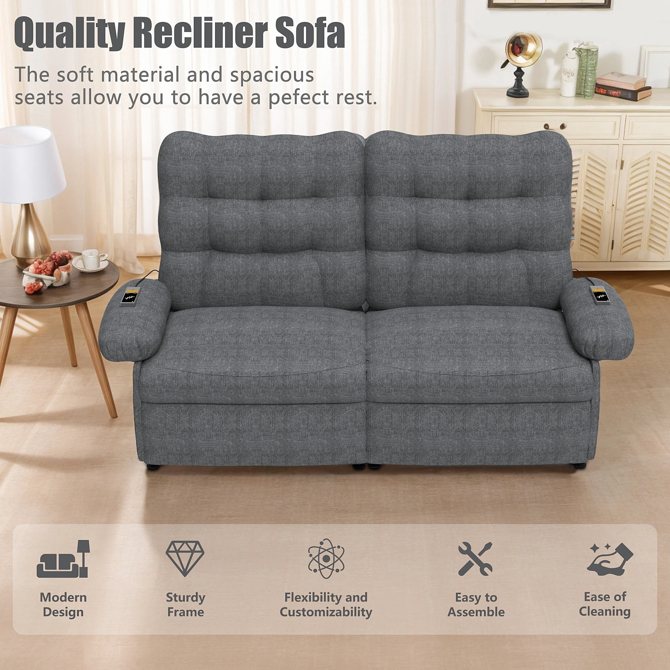 Loveseat Recliner, 2 Seat Electric Reclining Loveseat with Remote Control and Side Pocket for Adults and Elderly, Ergonomic Lounge Sofa for Living Room Home Theater, Gray