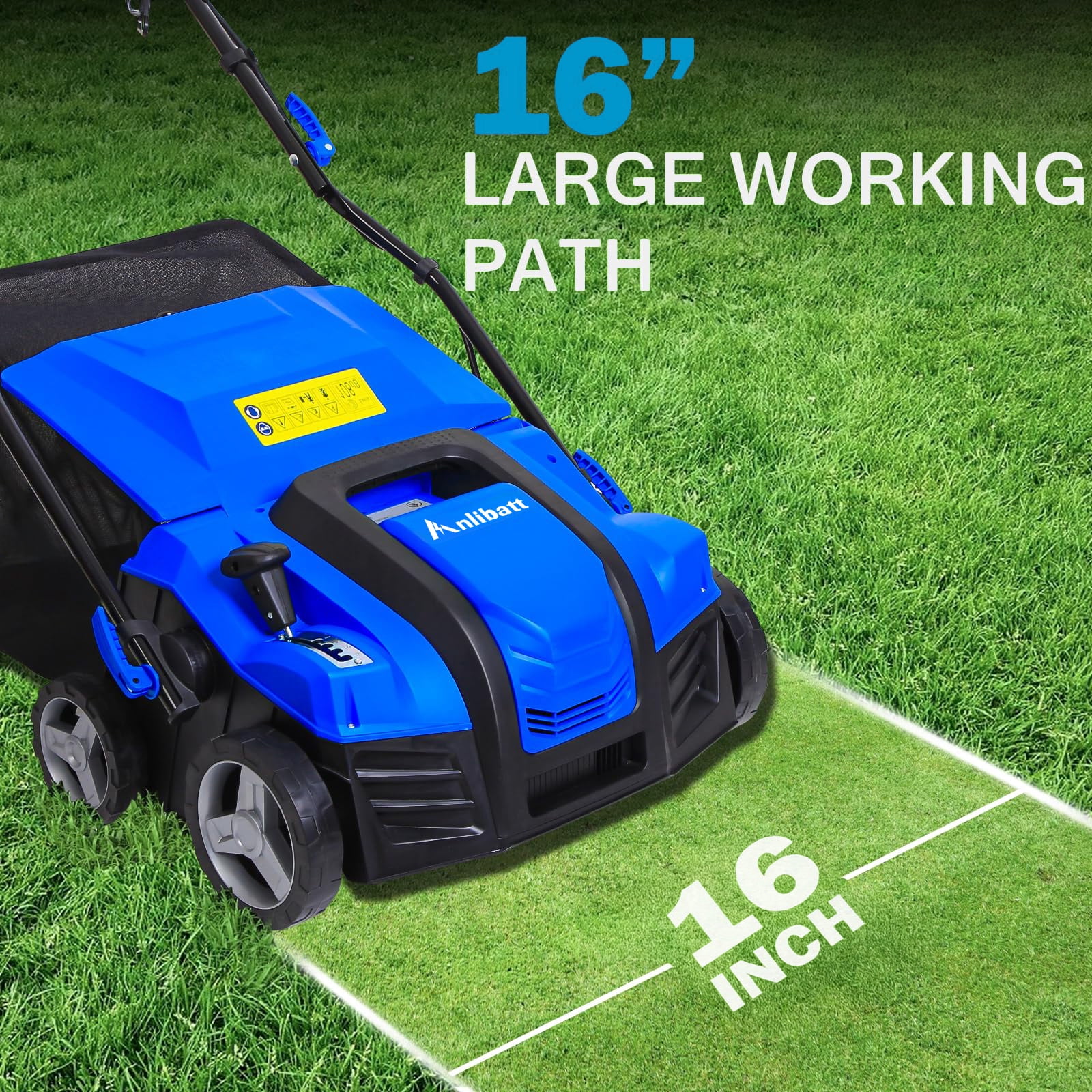 ANLIBATT 16 In Dethatcher Scarifier 15 Amp Corded Electric 2 in 1 Thatching Rake with 5 Position Depth Adjustment 14.5 Gallon Collection Bag Push Lawn Machine