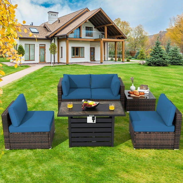 Costway 6PCS Patio Rattan Furniture Set 42" Fire Pit Table Cover Sofa Cushion Navy