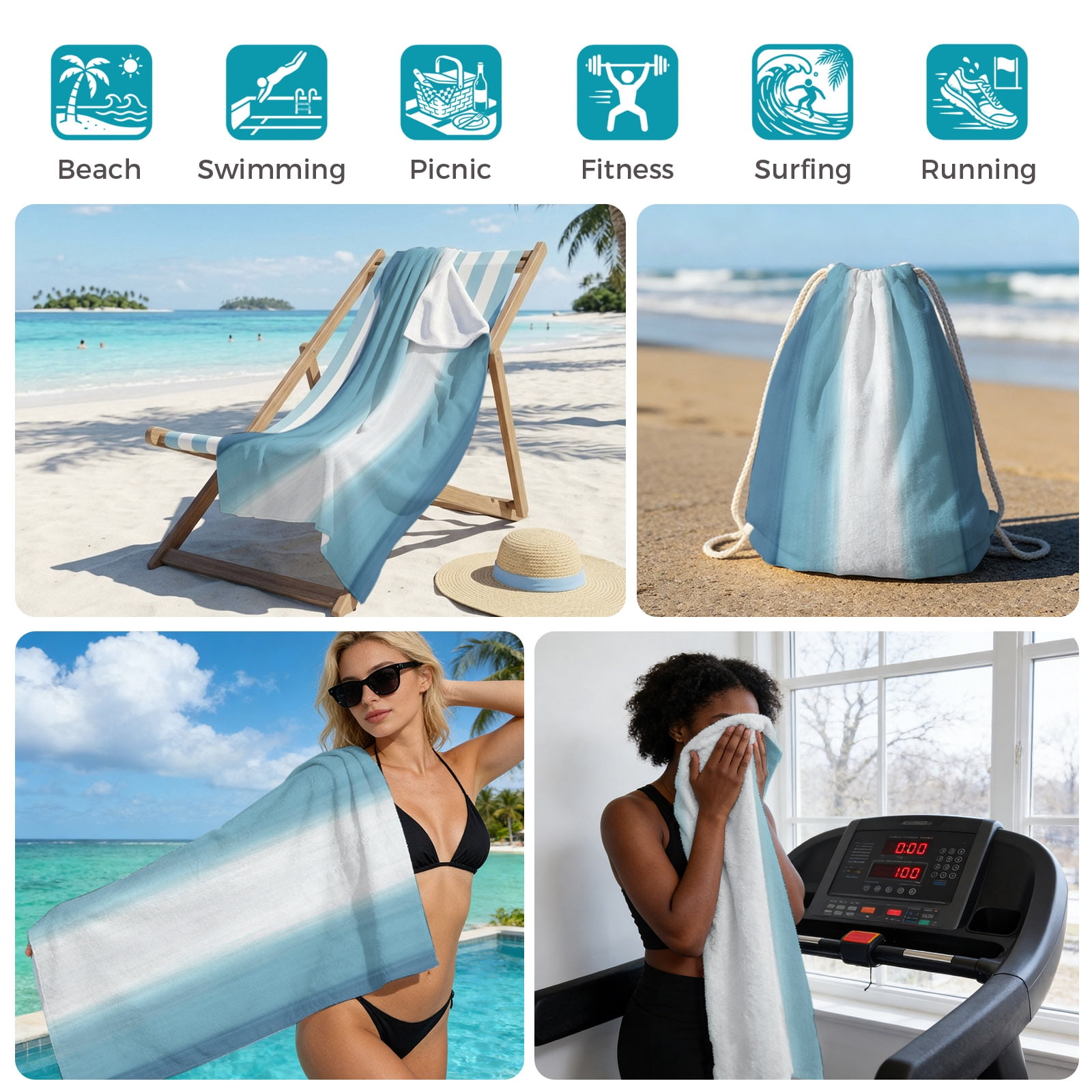 Beach Towel Bag 2 in 1 Sky Blue Stripes Bath Pool Towels Backpack Beach Ombre Vertical Striped Absorbent Beach Towel Soft Quick Dry Lightweight Towels Drawstring Bag for Travel Camping Sports Picnic