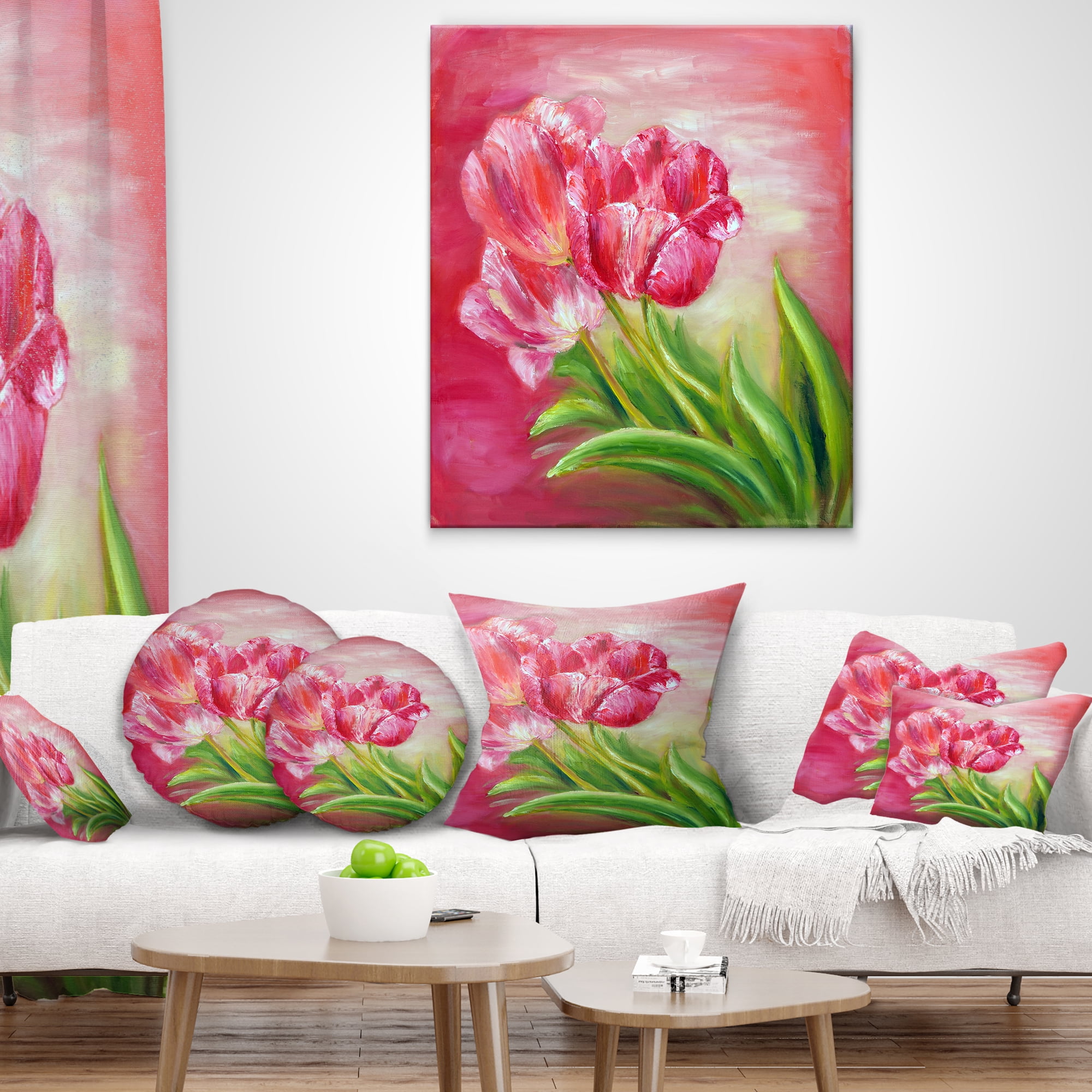 Designart Red Tulips in Red Background - Floral Throw Pillow - 12x20