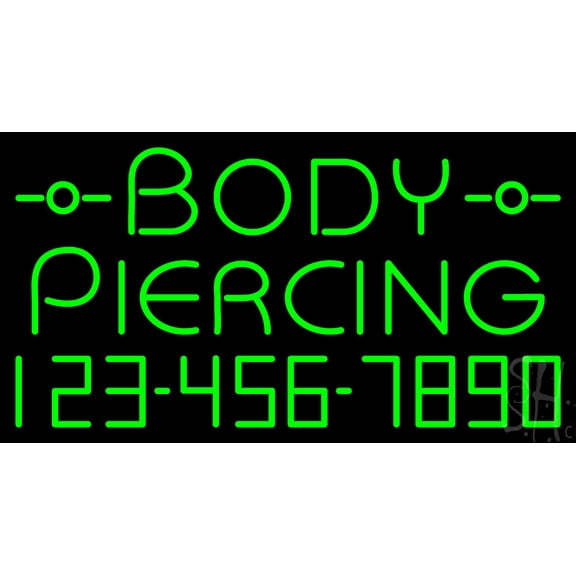 Green Body Piercing with Phone Number LED Neon Sign 13" Tall x 24" Wide - inches Black Square Cut Acrylic Backing, with Dimmer - Premium built indoor Sign for Storefront, Store interior, Studio.
