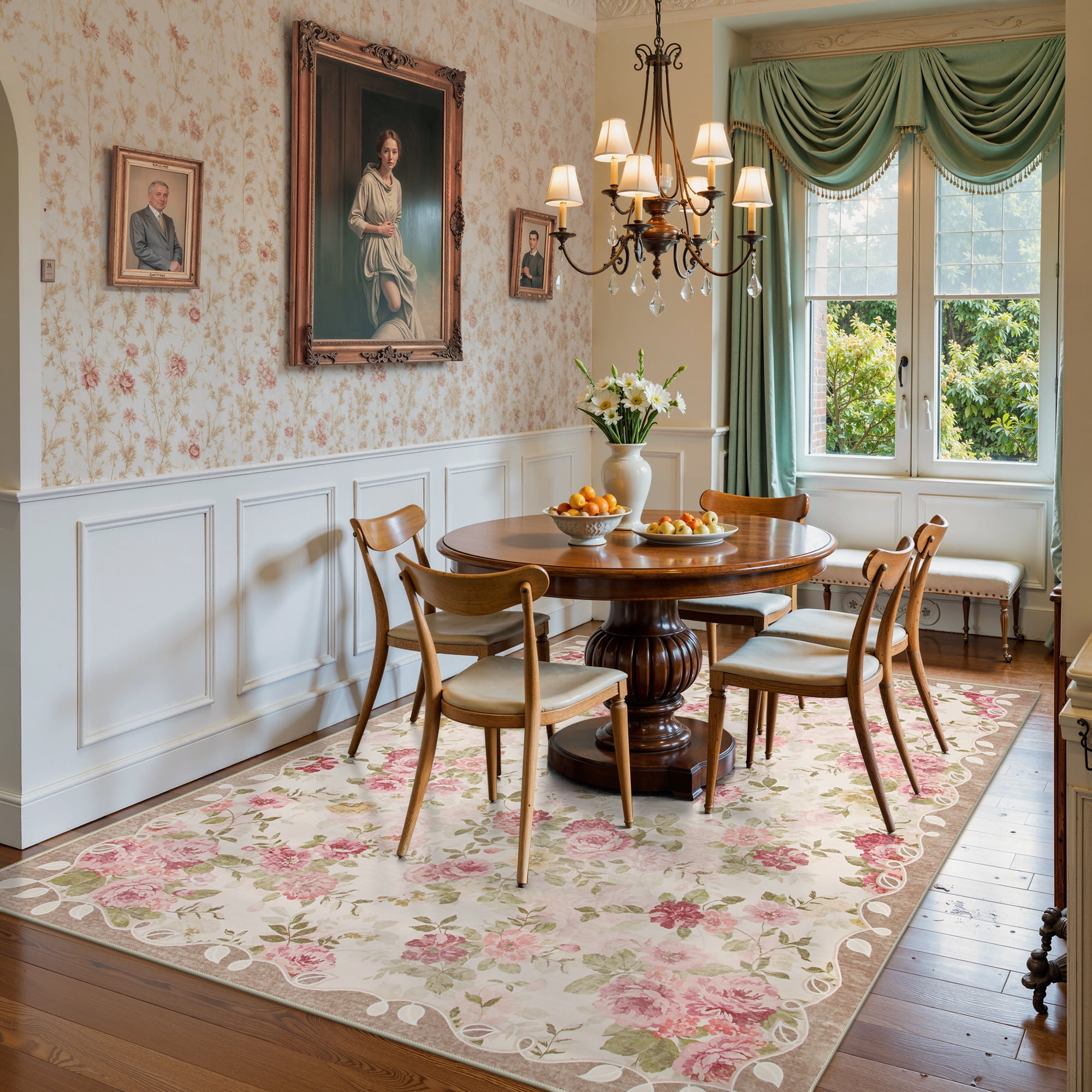 Lahome Decor 5'x7' Pink Floral Washable Rugs,5x7ft Rugs for Bedroom Girls Boho Area Rug,Vintage Rugs for Living Room Non Slip Low Pile Ultra-Thin Carpet for Farmhouse,Dining Room,Kids Playroom,Beige