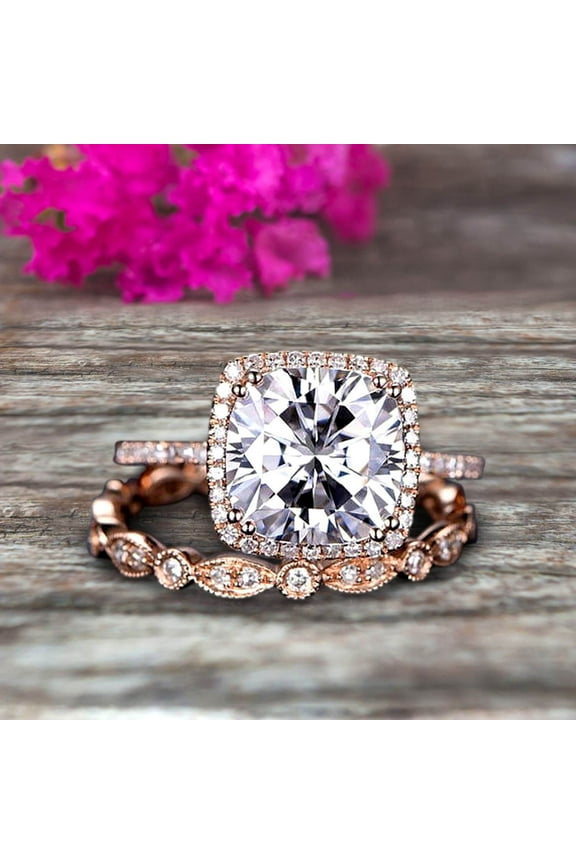 2.55 carat Classic Cushion Moissanite Diamond wedding Bands Engagement Ring on 10k Rose Gold