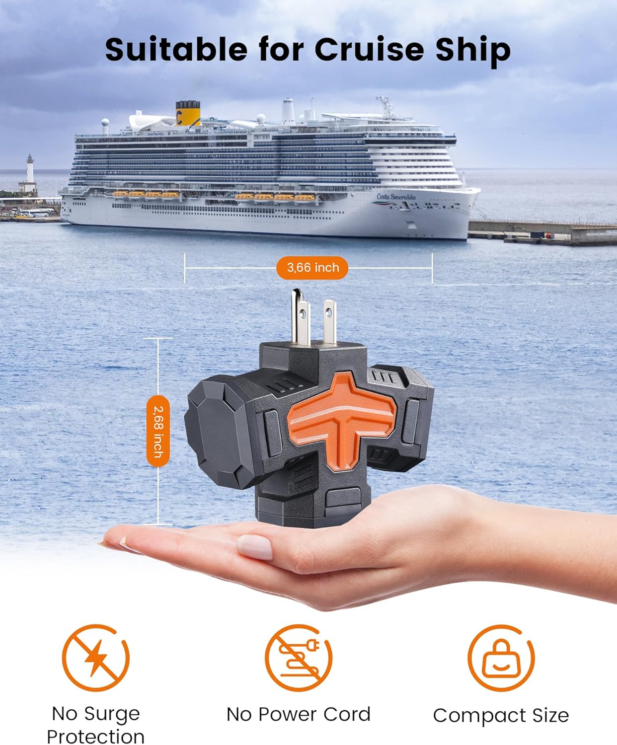 Outdoor 3 Way Plug Adapter, Multi Plug Outlet Waterproof, 1 to 3 Power Splitter, Electrical 15A Multiple Plug Extender with Cover for Outside Garden Garage Cruise, Gray, ETL Listed, 3 Pack