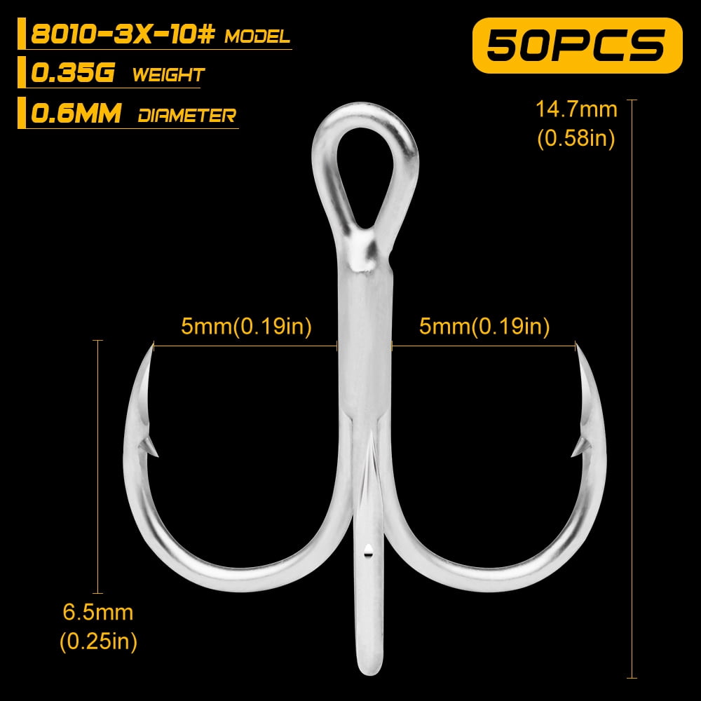 50pcs/lot Saltwater Fishing Hook Matte Tin Treble Hooks 2/0#-1/0#-1#-2#-4#-6#-8# High-Carbon Steel High Strength 3X Hooks