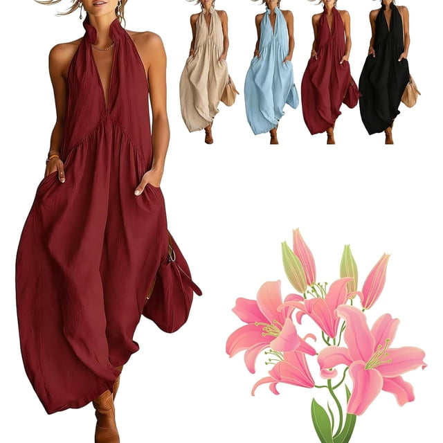 Robe Maxi Minimaliste à Col Licou - Robe d'Été Décontractée à Coupe Ample avec Poches, Chic Sans Manches Longue Robe de Plage