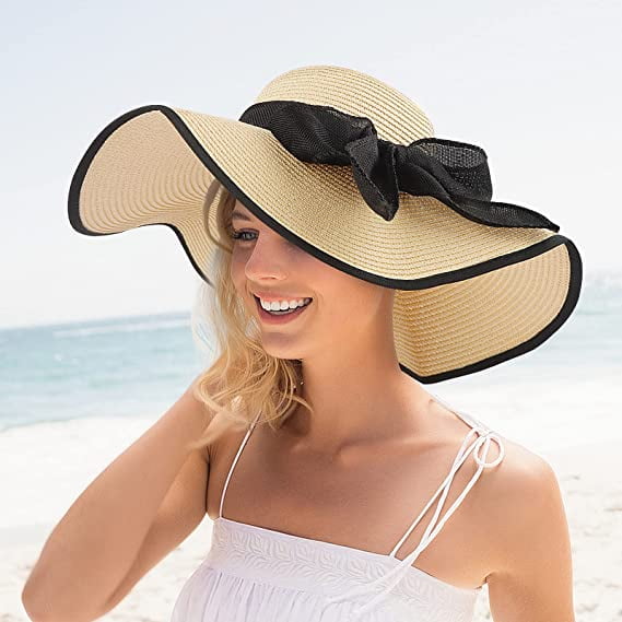 Women Straw Sun Hat 55 60cm Large Wide Brim Straw Hat Ladies Beach Hats Floppy Foldable Roll up Cap Beach Sun Hat UPF 50 Bowknot Party Garden Travel Walmart