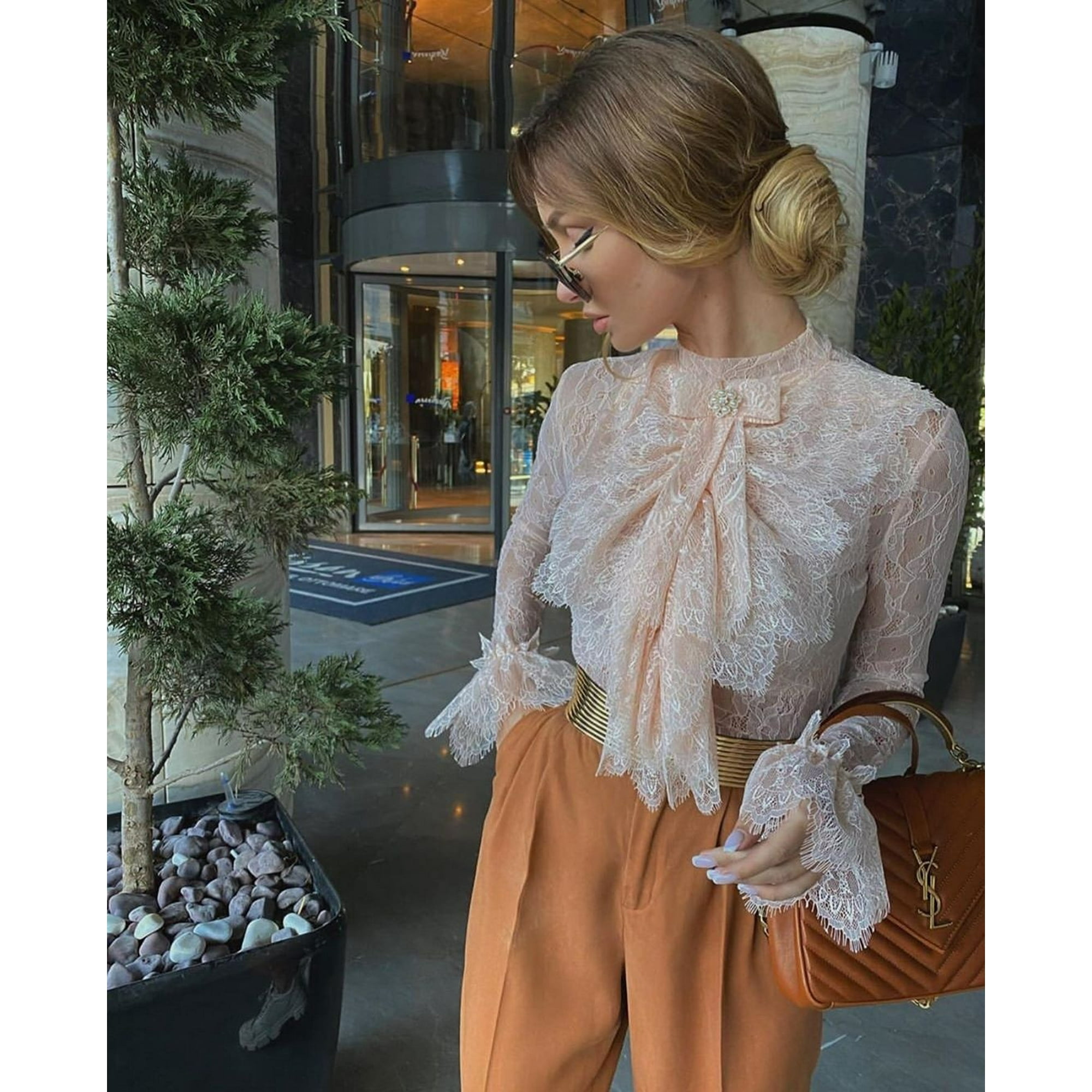 Eyiiye Women Long Sleeve Tie Neck Lace Tops Ladies Multi Layer Formal Top Blouse Fashion Clothes Pink