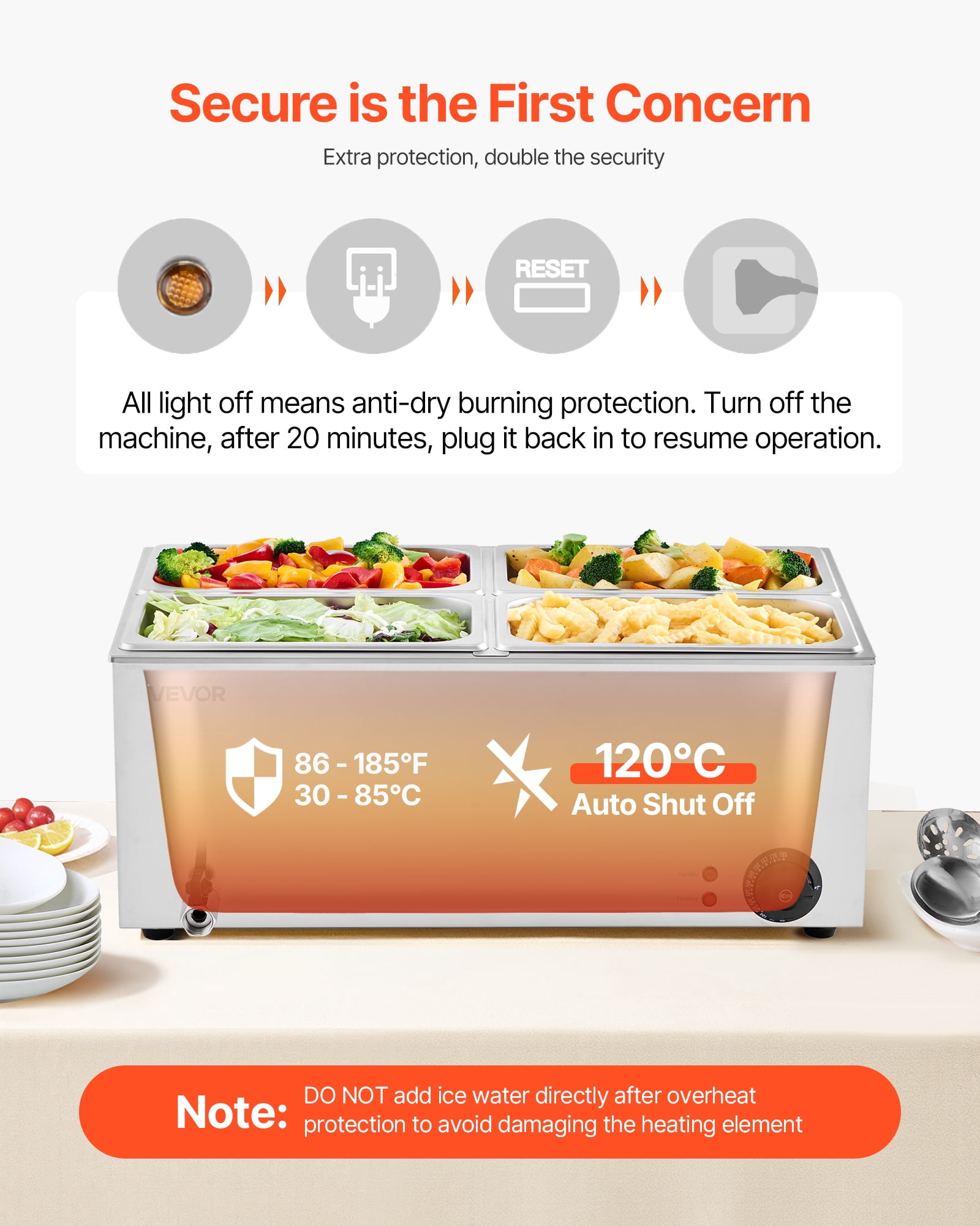 VEVOR 24QT Commercial Food Warmer, 4-Pan Electric Steam Table, 1200W Professional Countertop Stainless Steel Buffet Bain Marie with 86-185°F Temp Control for Catering, Buffet, Parties, Restaurants