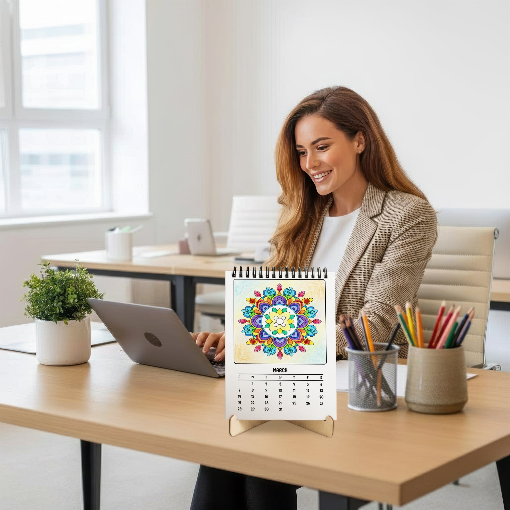 Stained Glass Patterns Coloring Desk Calendar 2026–2027, A5 Wooden Cover Planner with 26 Easy Coloring Pages for Adult Relaxation, 24 Month Desktop Calendar with Stand, Gift for Family & Friends