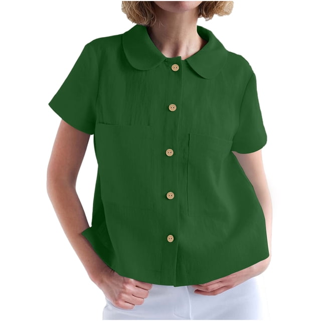 Womens Short Sleeve Linen Button Down Cropped Blouses Collared V Neck High Low Hem Loose Fit Cute Dressy Business Casual Work Tops with Pockets