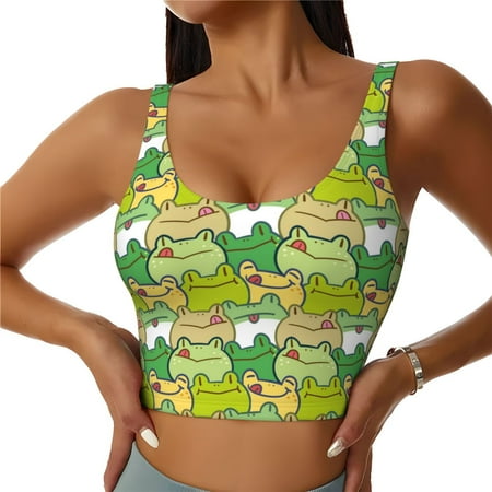 Jgfou Cartoon Frog Print Womens Sports Bra - Padded Workout Sports Bras Crop Tank Top