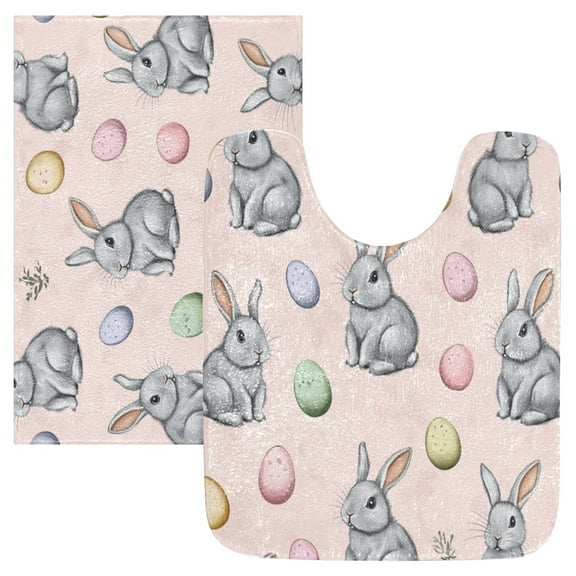 2 Piece Soft Bathroom Rug Set Grey Bunnies Bath Mat and U-Shaped Toilet Contour Rug (16"x24" 20"x24")