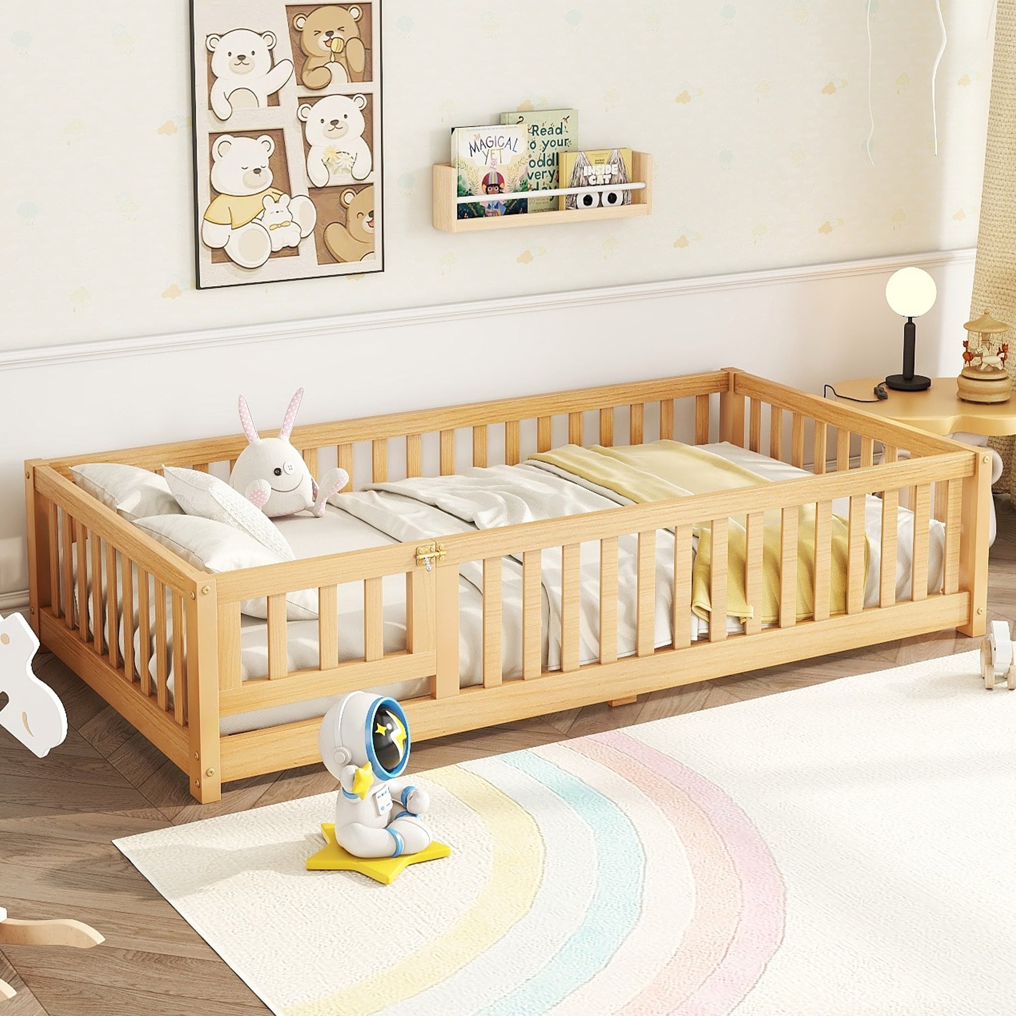 Bellemave Montessori Twin Size Solid Wood Floor Bed with Fence and Door, Twin Montessori Floor bed, Floor Bed Twin, Natural