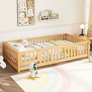 Bellemave Montessori Twin Size Solid Wood Floor Bed with Fence and Door, Twin Montessori Floor bed, Floor Bed Twin, Natural