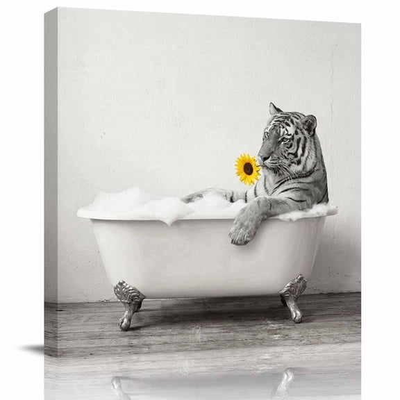 Framed Canvas Wall Art for Living Room Tiger Shower on Bathtub Wall Decor, Sunflower Funny Animal Aesthetic Paintings for Bedroom Office Kitchen, Ready to Hang Artwork Wall Pictures 8x8 Inch