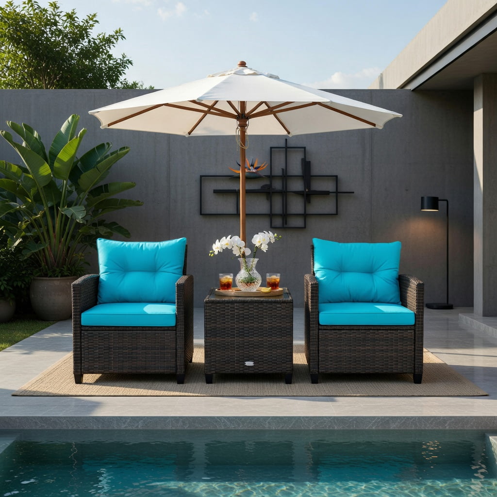 Hommoo 3-Piece Outdoor Rattan Patio Furniture Set with Cushions, Wicker Sofa & Coffee Table for Garden, Poolside, or Deck, Turquoise