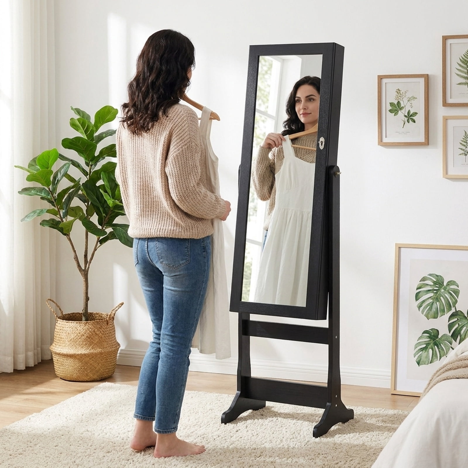 Furnibear Lockable Freestanding Jewelry Cabinet Armoire with Full-Length Mirror and Lights for Bedroom Dressing Room Jewelry Necklace Rings, Black