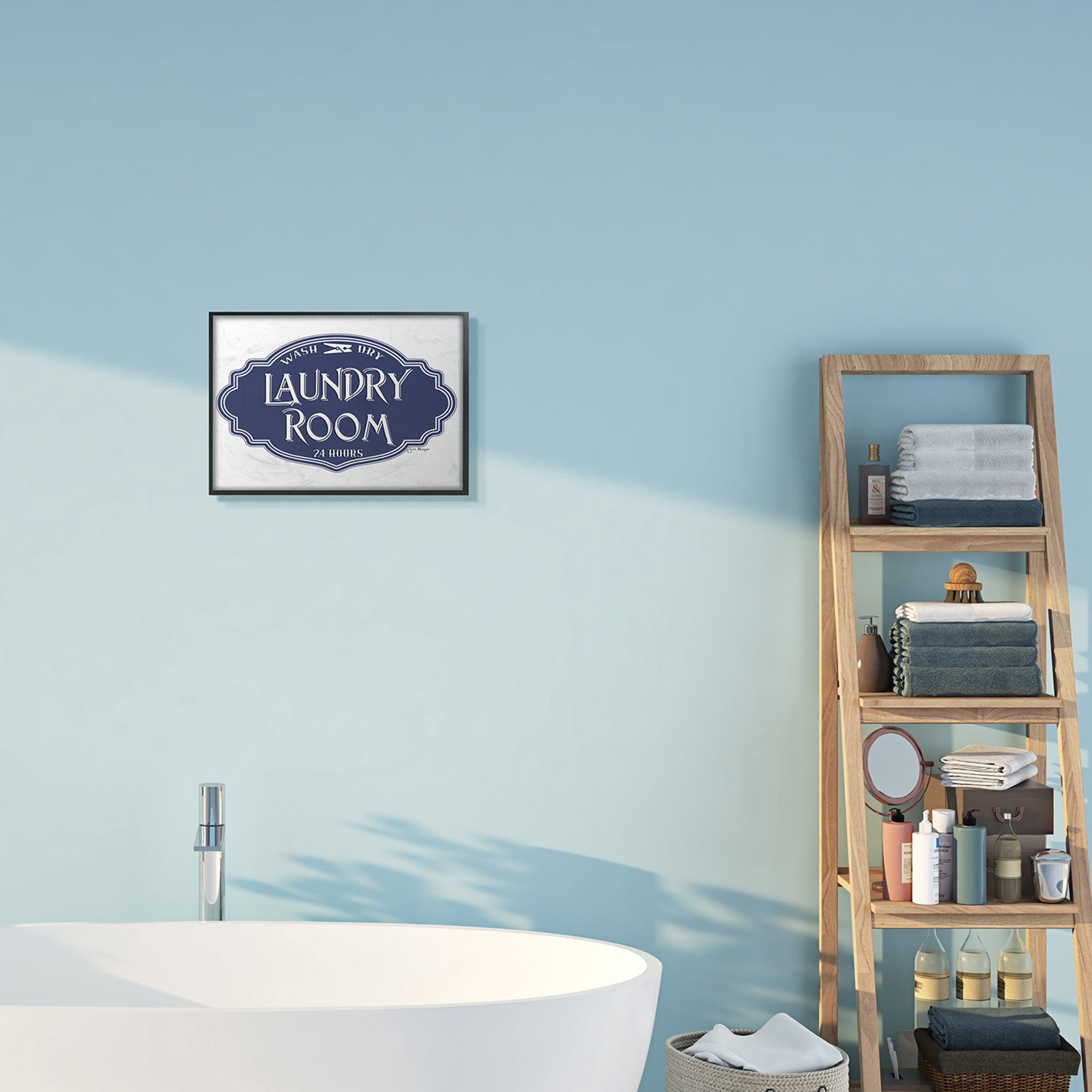 Stupell Industries Vintage Laundry Room Sign Minimal Blue White Typography Painting Black Framed Art Print Wall Art, 11 x 14