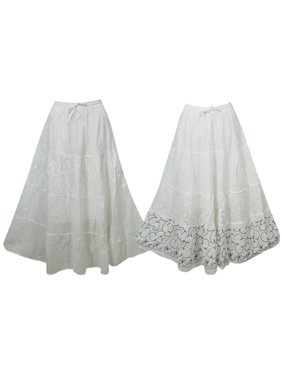 Mogul 2pc Women's White Maxi Skirt A-Line Elastic Waist Boho Flared Skirts
