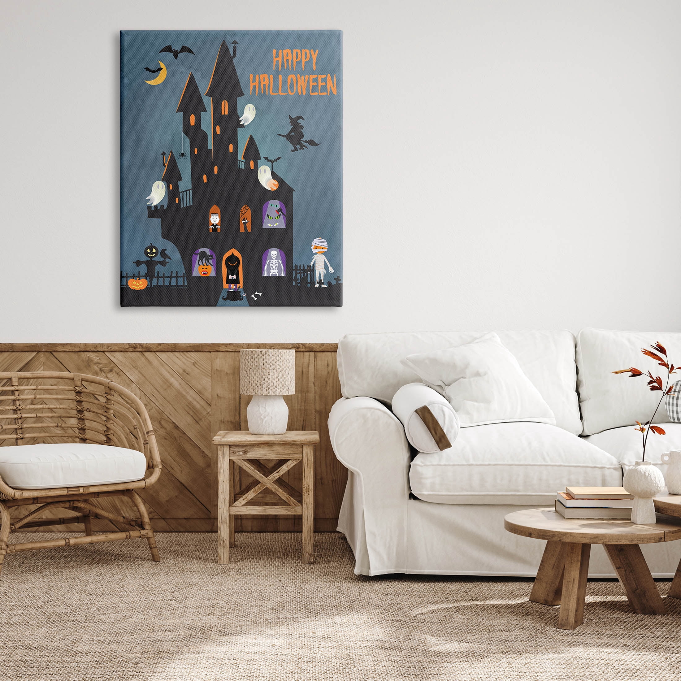 Happy Halloween Haunted Ghost House Holiday Graphic Art Gallery Wrapped Canvas Print Wall Art