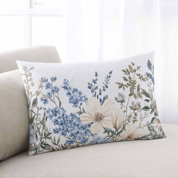 Blue Floral Spring Throw Pillow Cover, Pillowcase Protectors with Zipper, Breathable Decorative Lumbar Pillow Case Cover, Vintage Summer Botanical Flower Pillow Shams for Couch Sofa 16x24Inch