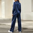 thumbnail image 5 of Xinoom Women's 2 Piece Satin Matching Set, Lapel Button Down Shirt & Drawstring Wide Leg Pants, Elegant Casual Outfit, Gift for Ladies, Dinner Gathering Dark Blue,XS, 5 of 7