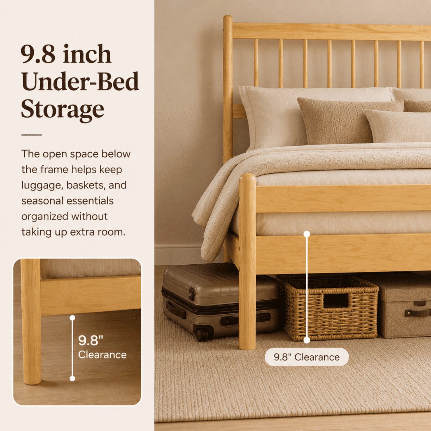 Miniyam Queen Pine Wood Platform Bed Frame with Spindle Headboard, 9.8" Underbed Storage, Natural