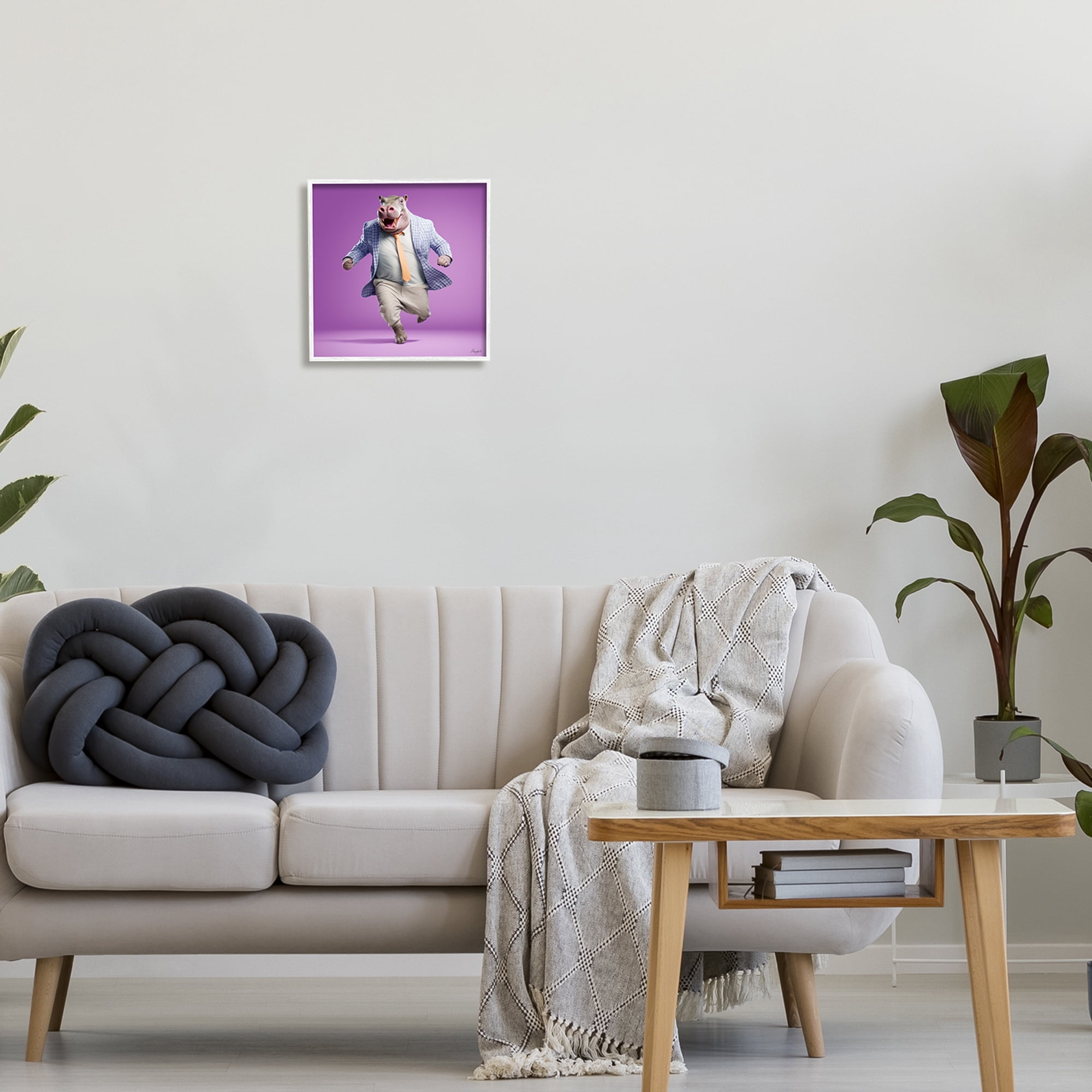 Stupell Industries Dancing Hippo on Purple Animals & Insects Painting White Framed Art Print Wall Art, 12 x 12