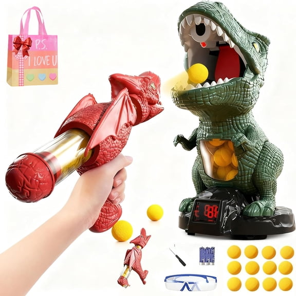 Chompshot Dinosaur, Dinosaur Shooting Blaster Toys, Movable Target Game with 2 Air Pump Launchers, LCD Score Record, Sound & 48 Foam Balls, Interactive Competition (A, 1Set)