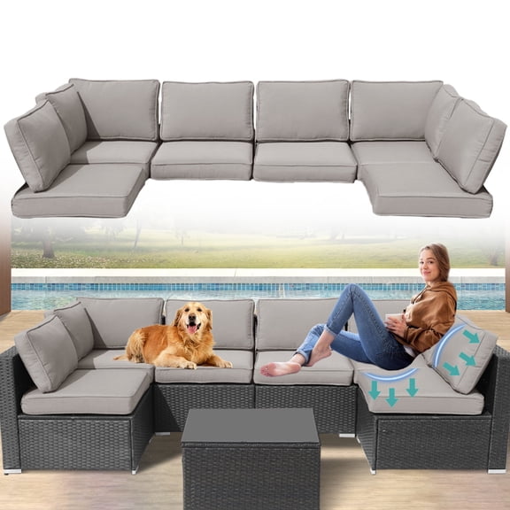 FKS LIFE Outdoor Replacement Cushions for Patio Furniture, Water-Resistant Sofa Cushion for 6-Seat Rattan Wicker Sectional Patio Conversation Sets, 14-Piece Cushions Set for Outdoor