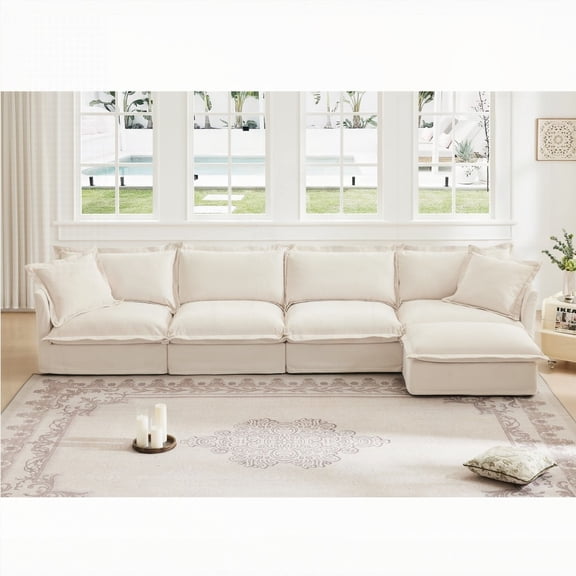 Modern L Shape Sectional Sofa with 4 Seats, Cream Chenille Fabric, 220×80×75cm