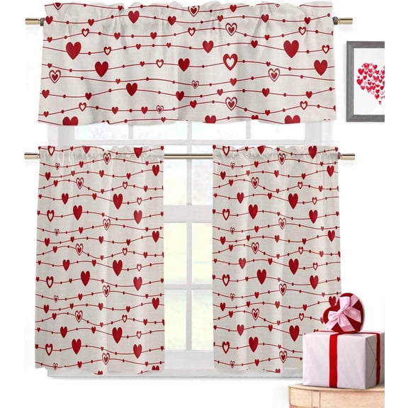 Valentines 3 Piece Kitchen Curtains Tiers and Valances Set Red Love Heart Window Curtains Set Romantic Decor Rod Pocket Valance for Kitchen Bedroom Living Room Valentines Decor 54 x 24 in