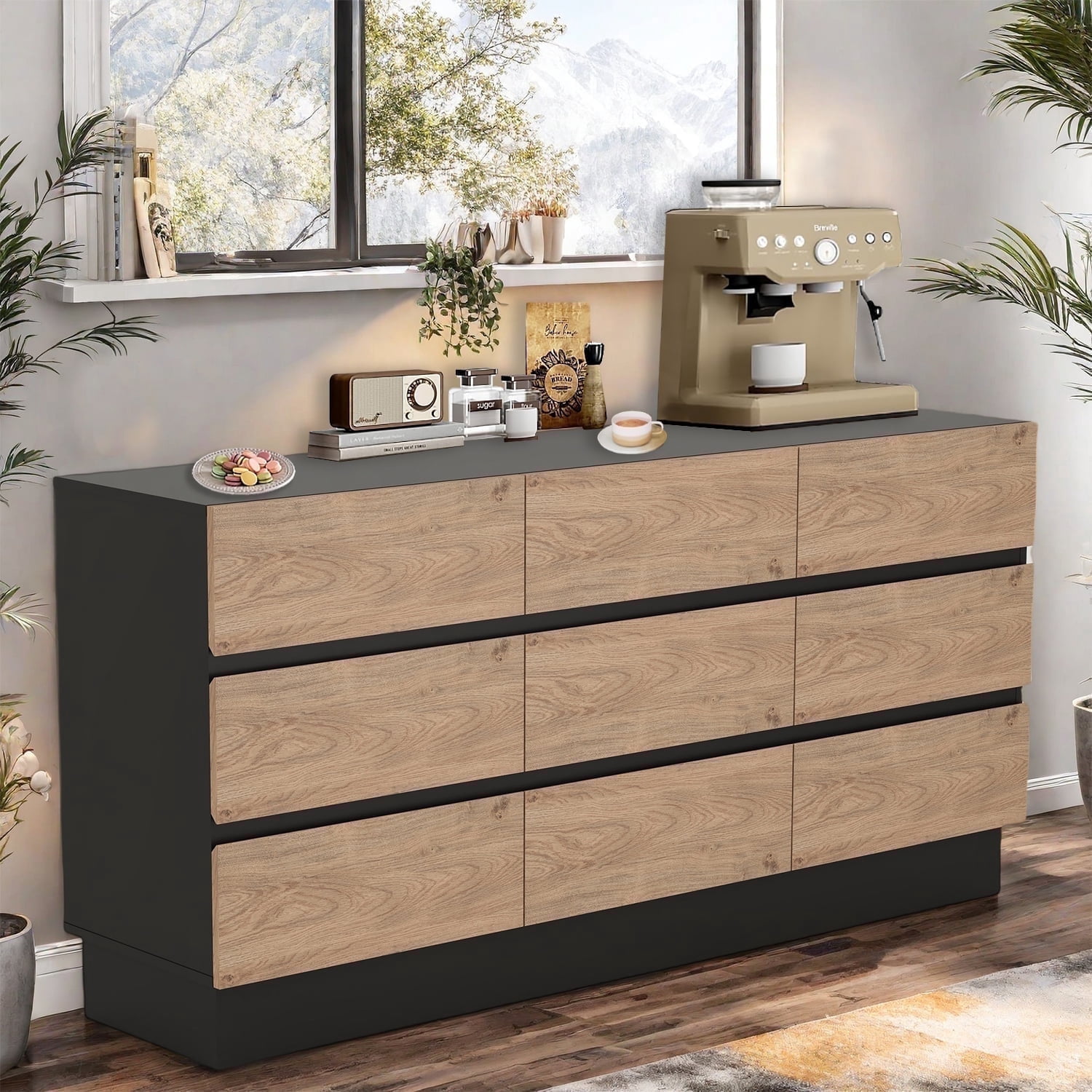 Modern 9 Drawer Dresser 63 Inch Wide Legless Chest of Drawers for Bedroom Living Room or Hallway Oak and Black