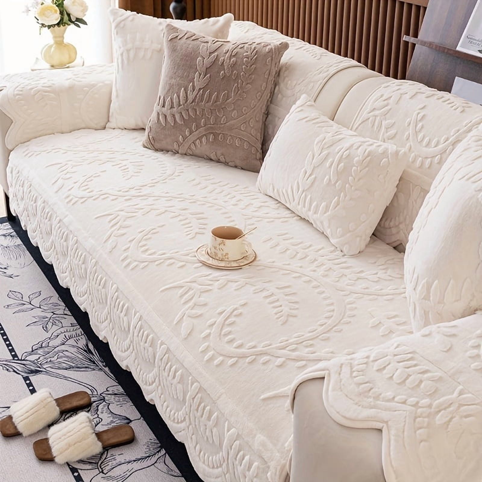 1pc Thick Faux Rabbit Fur Winter Warm Sofa Cover - Elegant Beige Floral & Leaf Pattern, Pet-Friendly Non-Slip Couch Protector for 1-4 Seater Sofas, Modern Style for Living Room, Bedroom, Office Decor