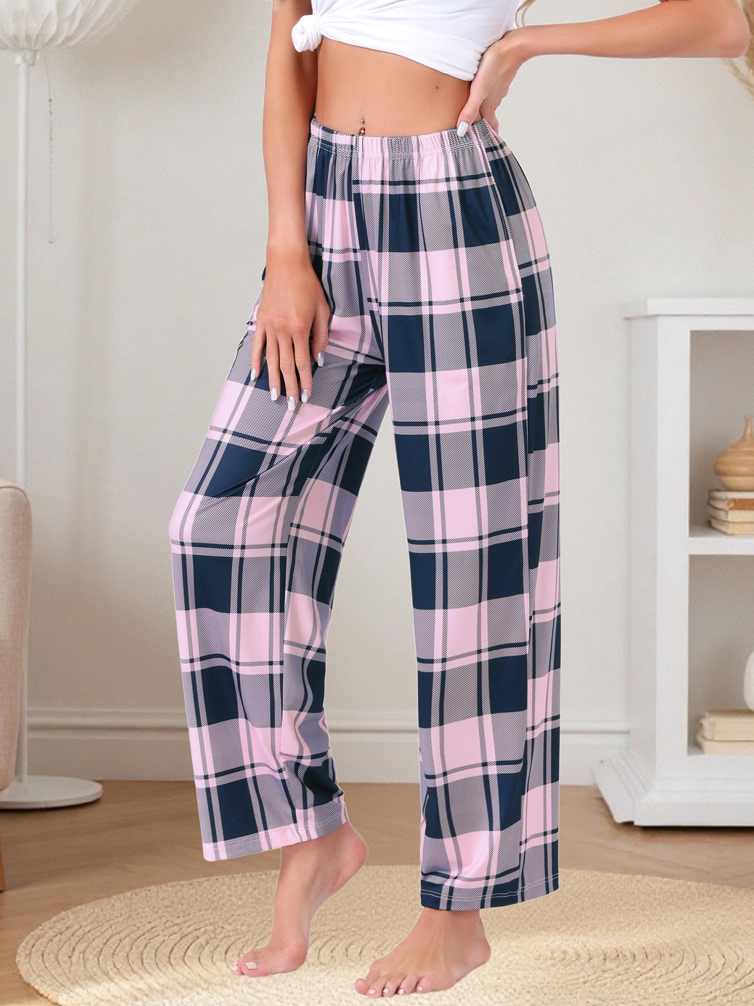 DARING DIVA Women's Wide Leg Knit Sweatpants with Elastic Waist L Pink Plaid