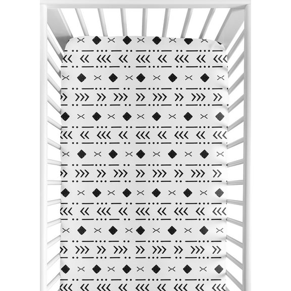 Sweet Jojo Designs White Black Boho Tribal Mudcloth Boy Girl Fitted Crib Sheet Baby or Toddler Bed Nursery - Black and White Woodland Bohemian Southwest Geometric Arrow Gender Neutral Aztec Mud Cloth