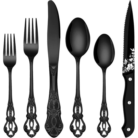 48 Pcs Black Silverware Kit designed for 8, Retro Gorgeous Flatware Set including Steak Knives, Premium Premium Stainless Steel Vintage Utensils Set with Forks Spoons and Knives, Dishwasher Safe