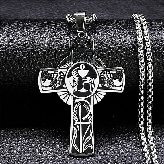 Christian Christ Eucharist Halo Grape Juice Cross Necklace 14K White Gold Men Women Catholic Holy Spirit Church Chain Jewelry