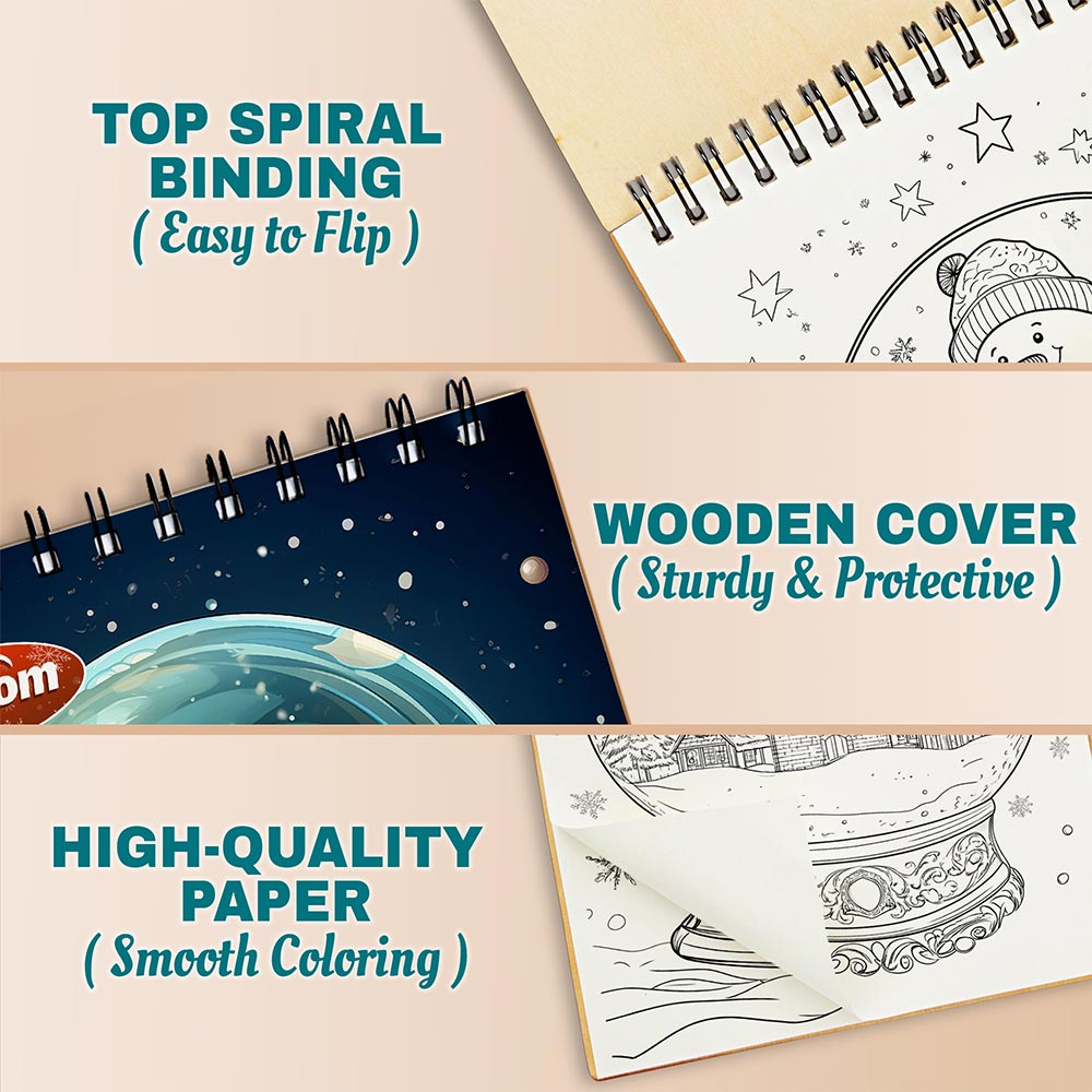 Netecom Snow Globe Coloring Book Spiral Bound for Adults, A5 Wooden Cover, 30 Magical Coloring Pages of Enchanted Winter Scenes for Stress Relief and Relaxation