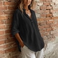 thumbnail image 6 of hoksml Women's Cotton Linen V Neck Blouse, Roll-Up Sleeve Henley Casual Shirt, Loose Fit Top for Daily and Office Wear, 6 of 9