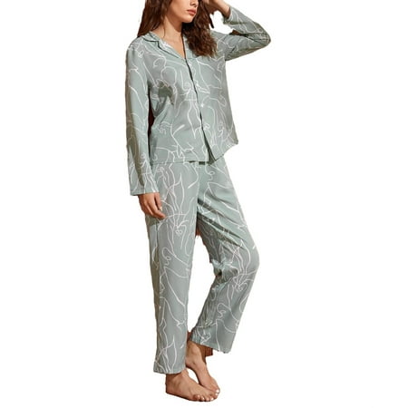 

Women s Pajama Sets Mint Green Casual Graphic Lapel Pant Sets Long Sleeve