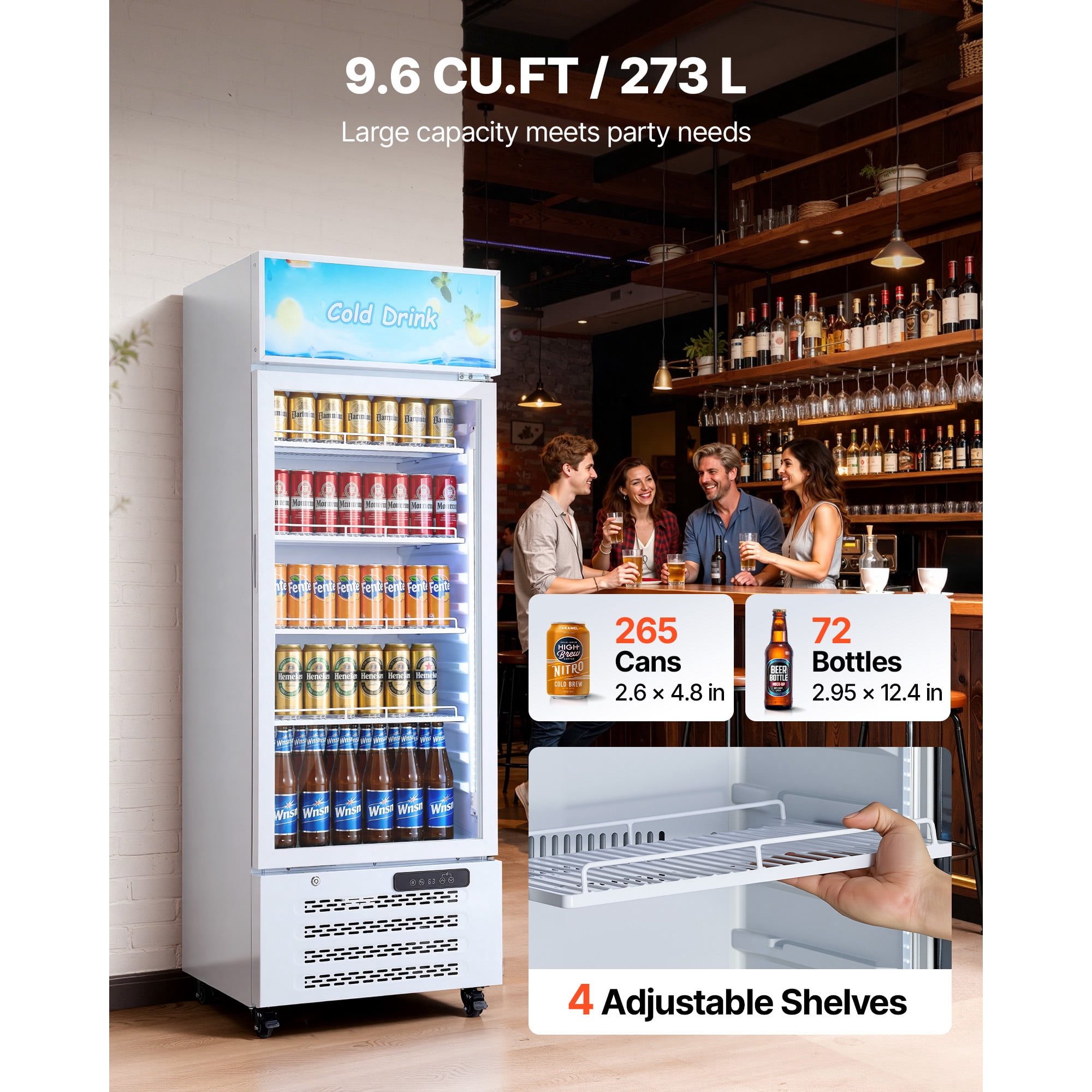 KFFKFF Commercial Glass Door Refrigerator, 9.6 Cu.Ft / 273 L Upright Beverage Cooler with Adjustable Shelves, LED Lighting, and Customizable Lightbox for Home or Business Use