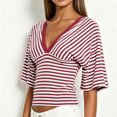 thumbnail image 7 of vigerkar Women Y2K Striped V Neck Cinched Waist Tops Batwing Sleeve Backless Shirt | Short Sleeve Ruched Crop Tops, Open Back Fitted Tee Shirt, Summer Going Out (Wine, L), 7 of 7