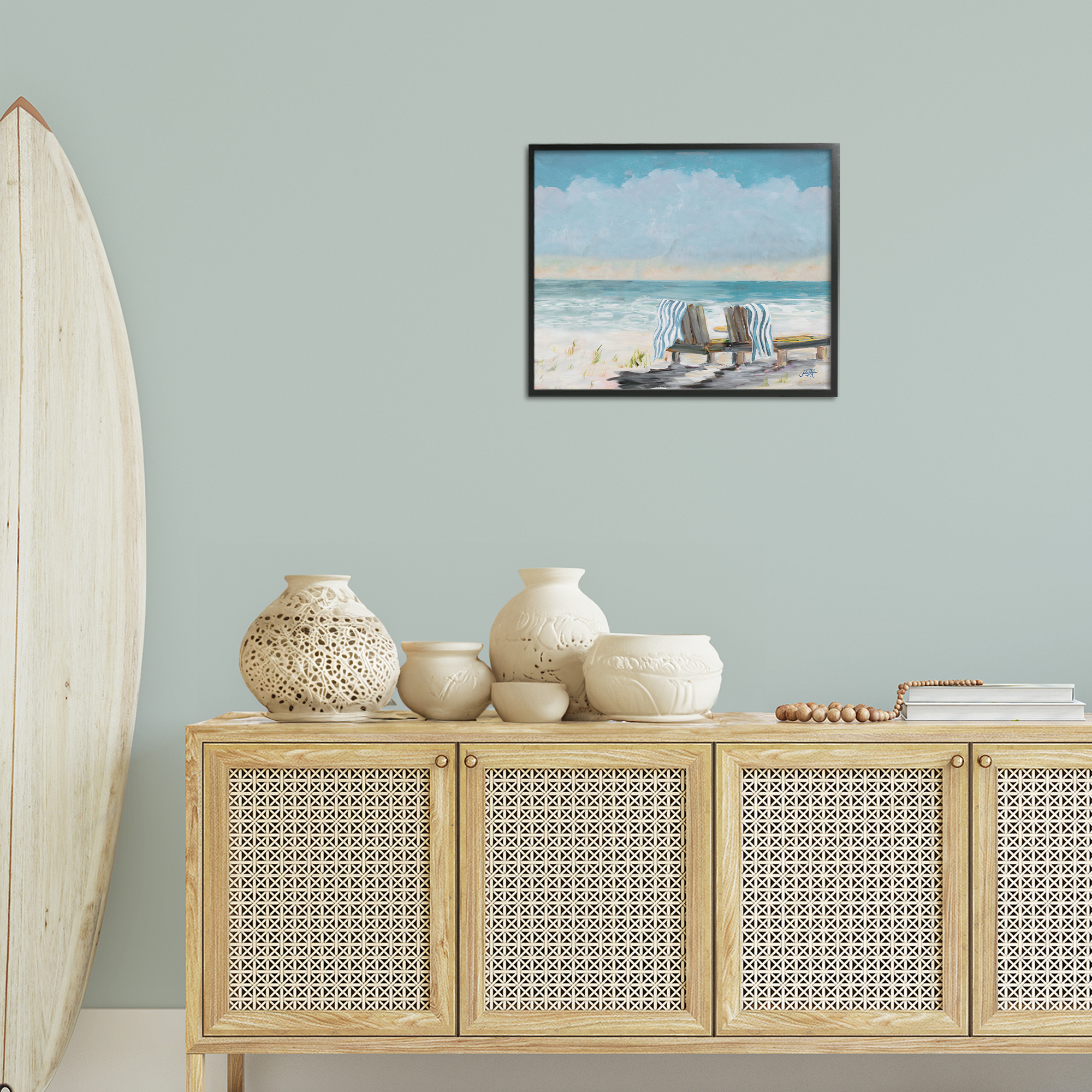 Stupell Industries Peaceful Beach Chairs Landscape Painting Black Framed Art Print Wall Art, 20 x 16