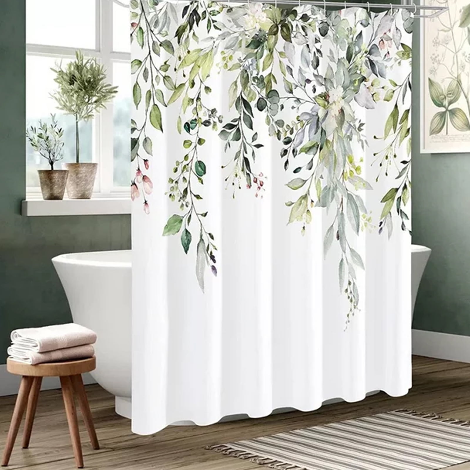 Green Shower Curtain Plant Bathroom Decoration Linen Blended Shower