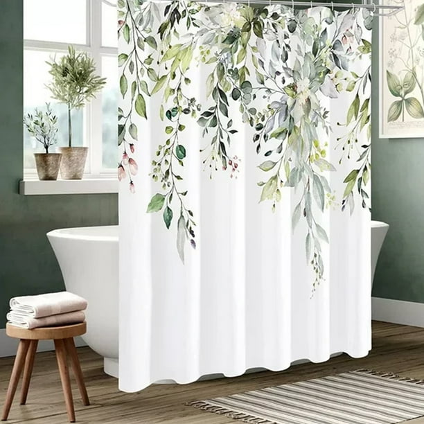 Green Shower Curtain Plant Bathroom Decoration Linen Blended Shower