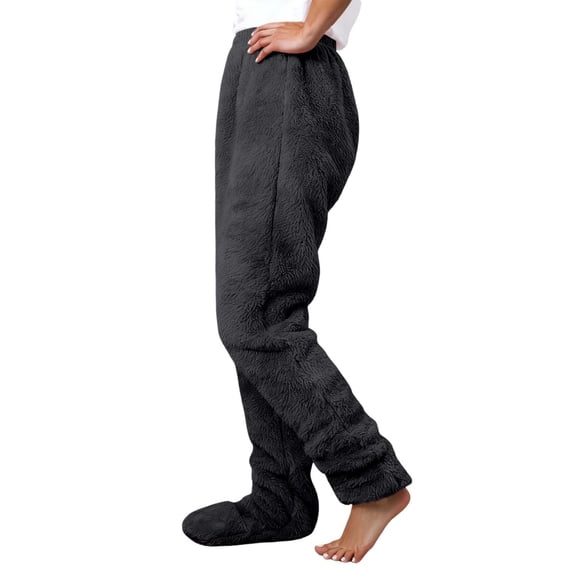 Unisex Fleece-Lined Footed Sleep Pants - Thick Plush Warm Loungewear With Foot Coverage, Black Size L