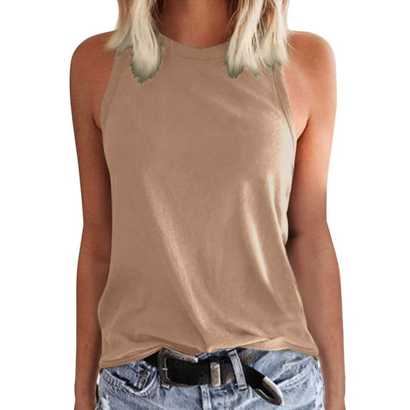 Women Summer Tops Ladies Solid Color Vest Sleeveless Summer T Shirt Round Neck Top Compression Shirts for Women plus Size Fashion Camisole Top with Bra Camisole Set Christmas Tops for Sleep Khaki S